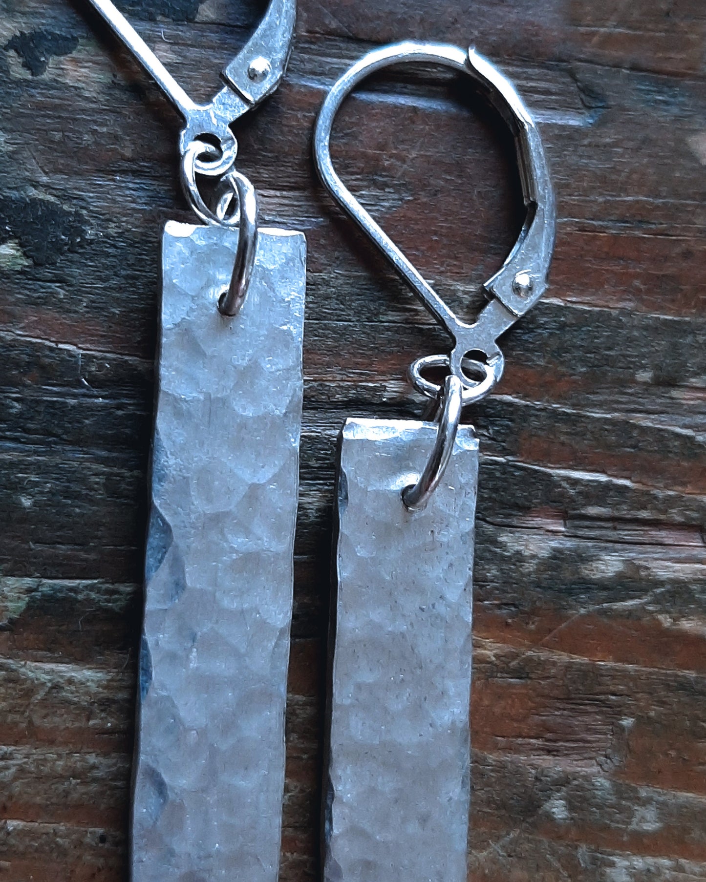 Simple and elegant rectangular hammered silver dangling earrings, sterling silver earrings