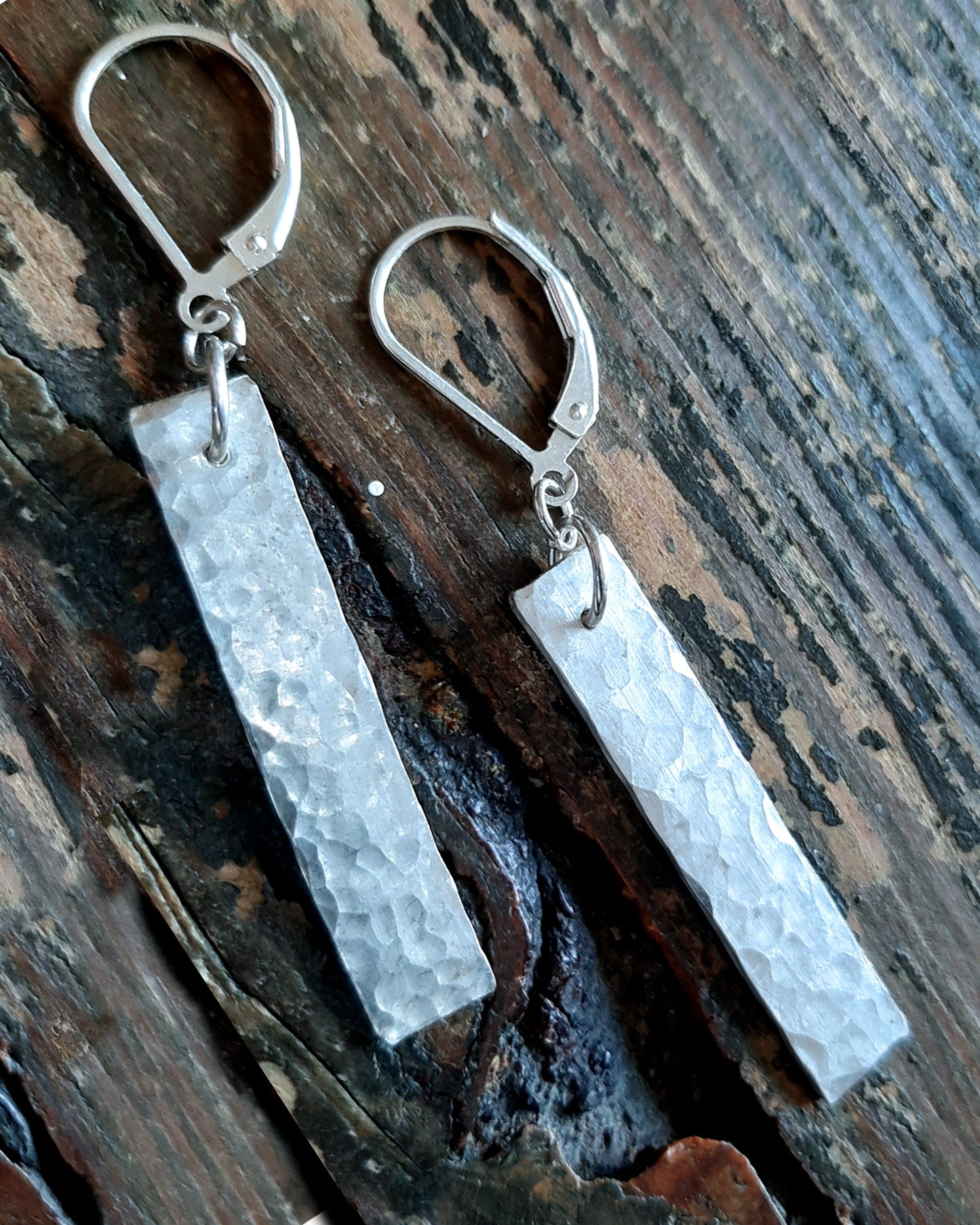 Simple and elegant rectangular hammered silver dangling earrings, sterling silver earrings