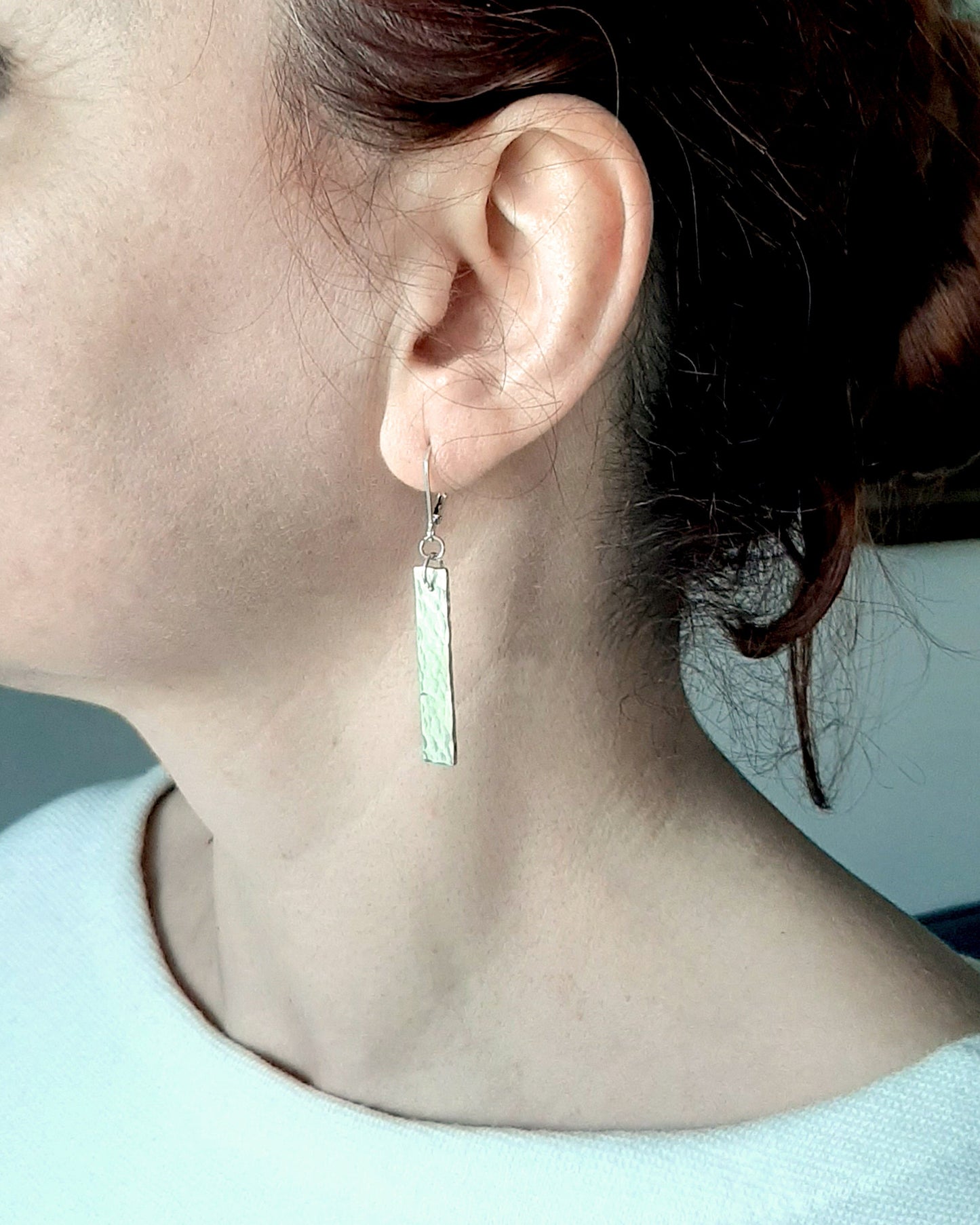 Simple and elegant rectangular hammered silver dangling earrings, sterling silver earrings