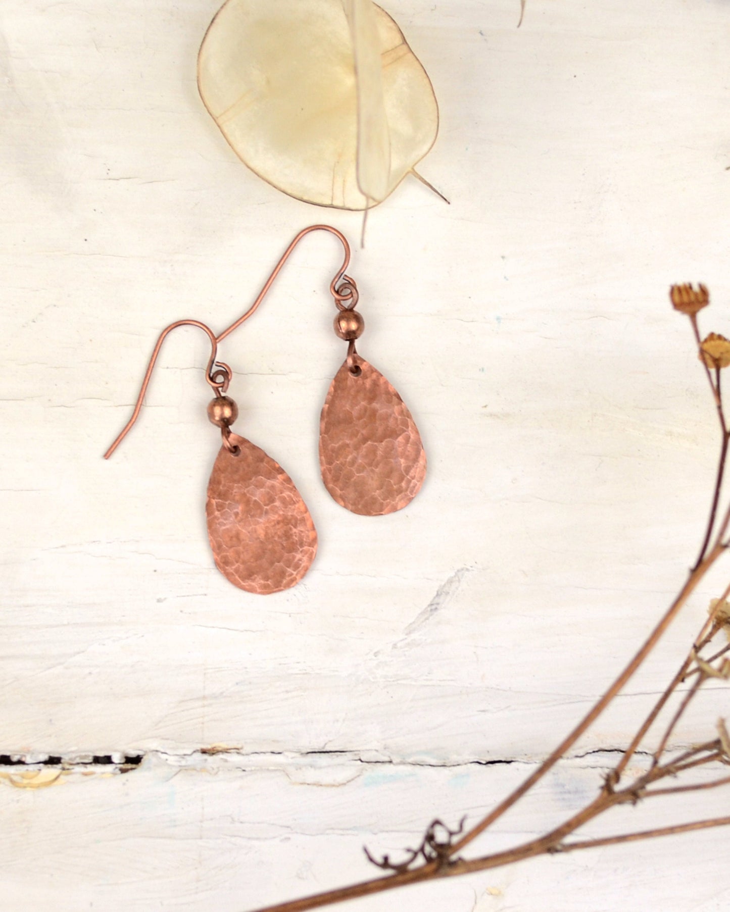 Hammered antique copper tear drop earrings, romantic gift, copper anniversary present
