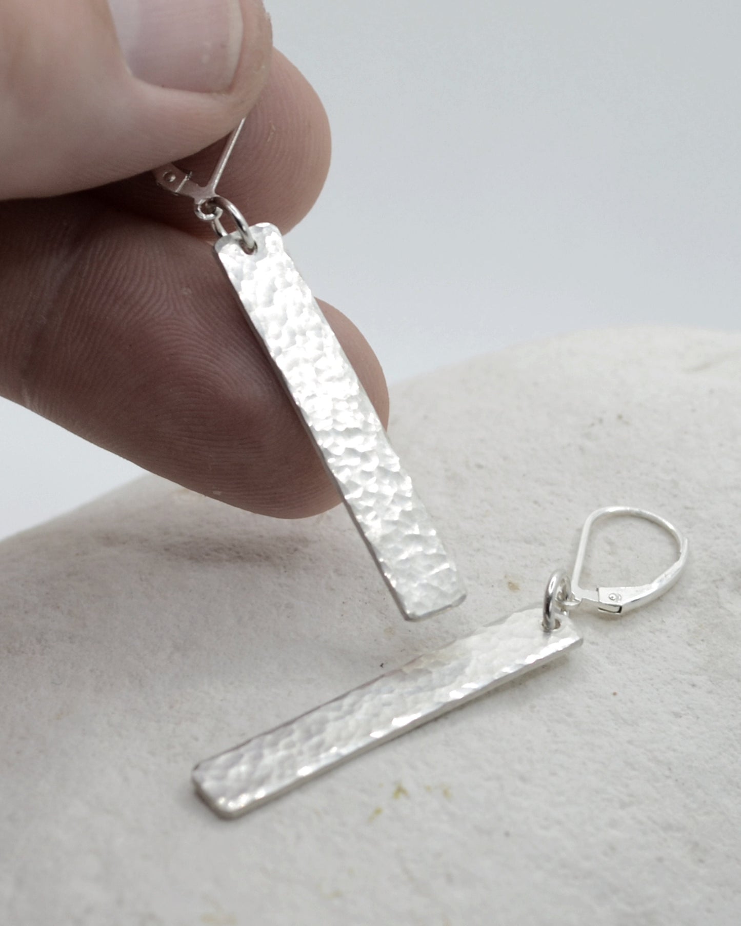 Simple and elegant rectangular hammered silver dangling earrings, sterling silver earrings