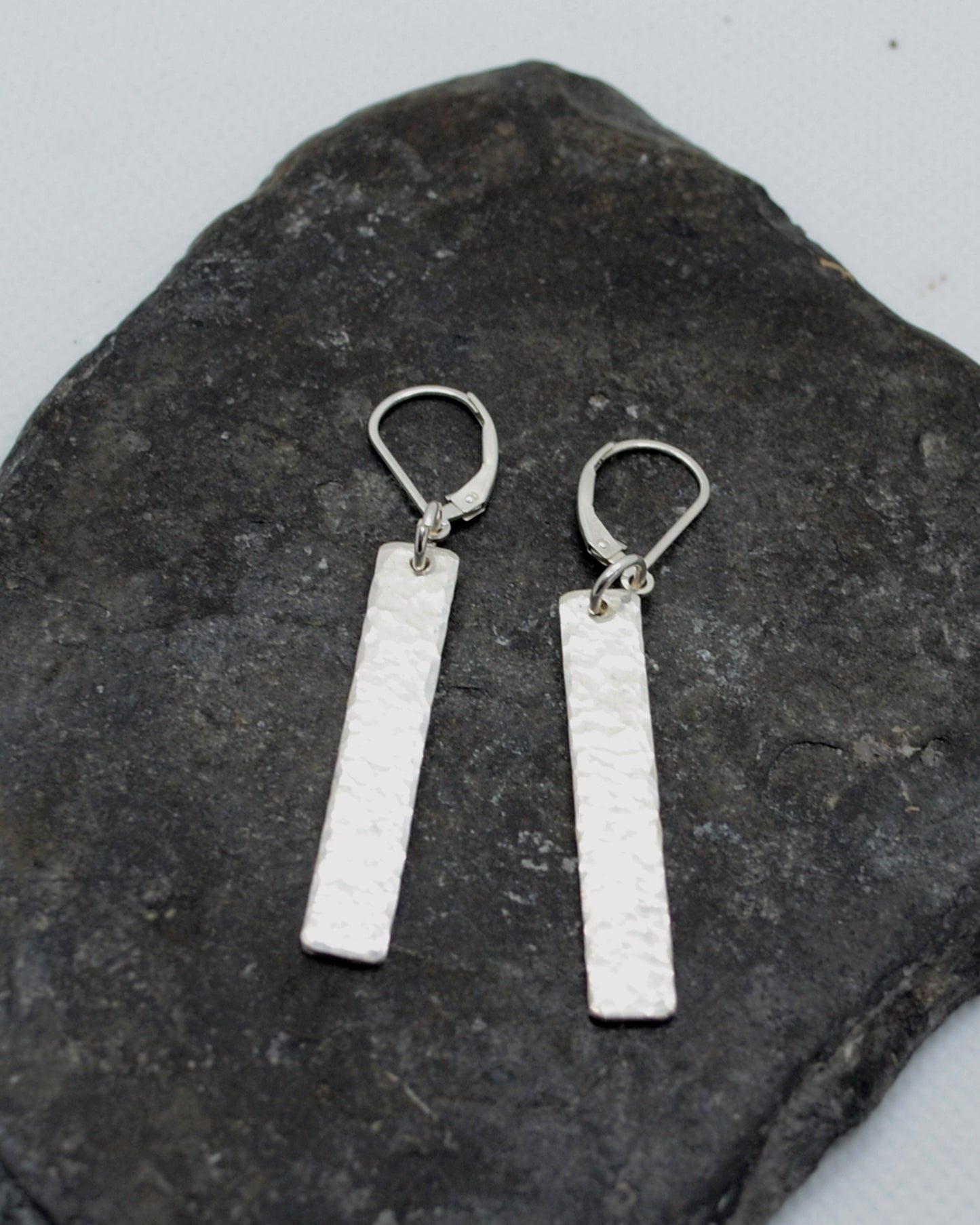 Simple and elegant rectangular hammered silver dangling earrings, sterling silver earrings