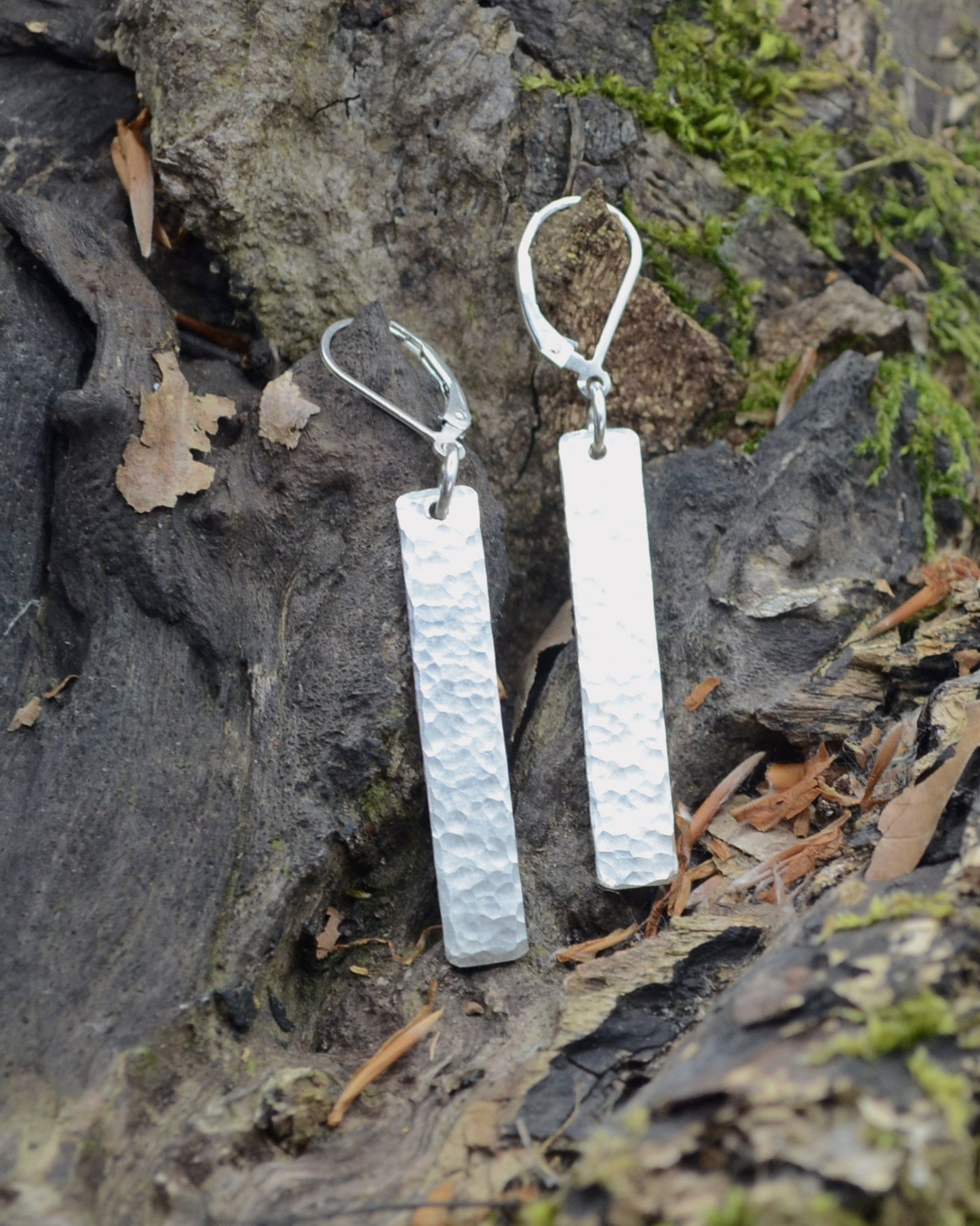 Simple and elegant rectangular hammered silver dangling earrings, sterling silver earrings