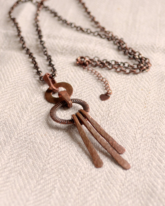 Copper Tassel Necklace //statement hammered antique copper pendant, everyday use boho copper necklace, 7th anniversary gift