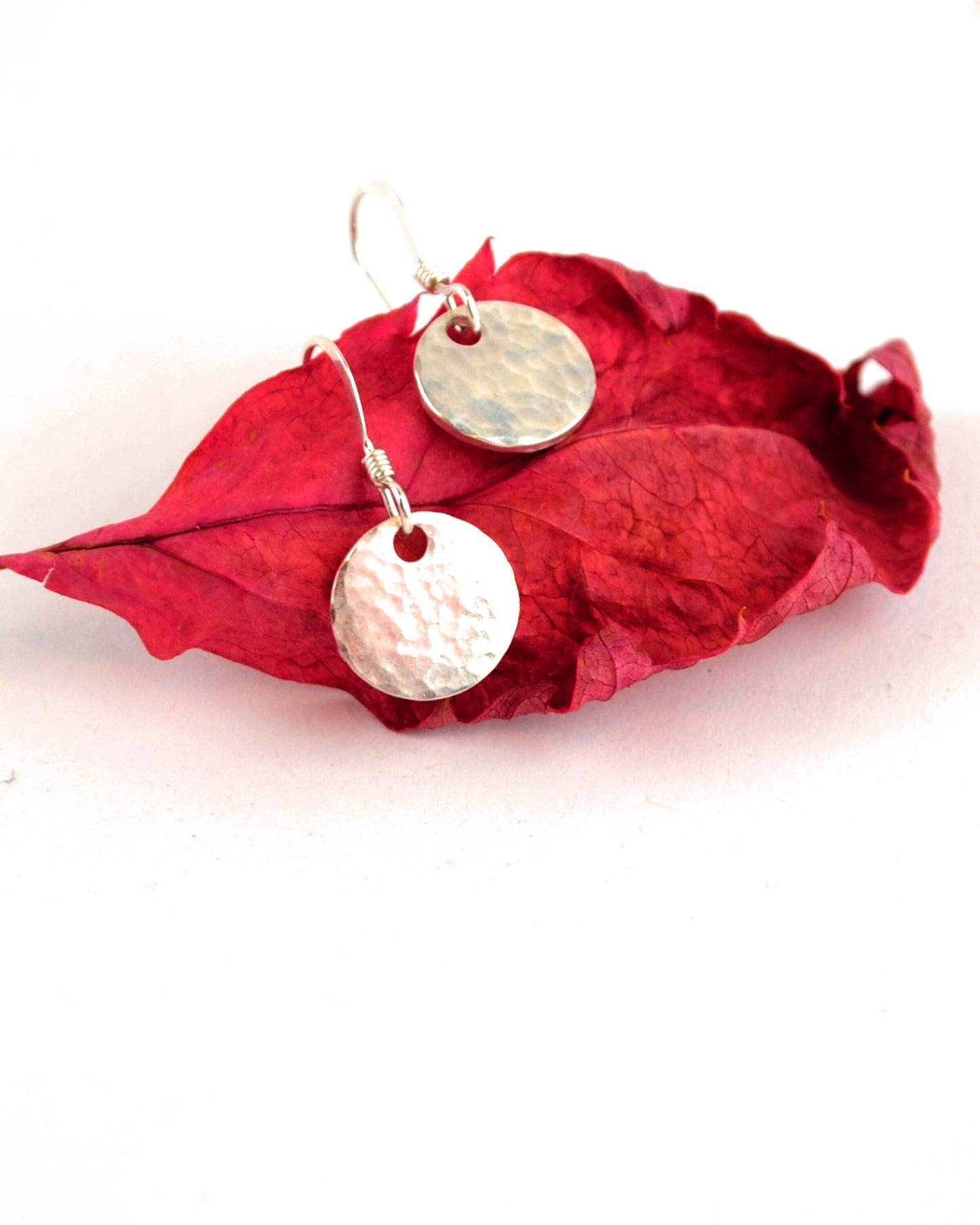 Rustic sterling silver disc earrings, minimalist dangling silver earrings, elegant gift for a lady