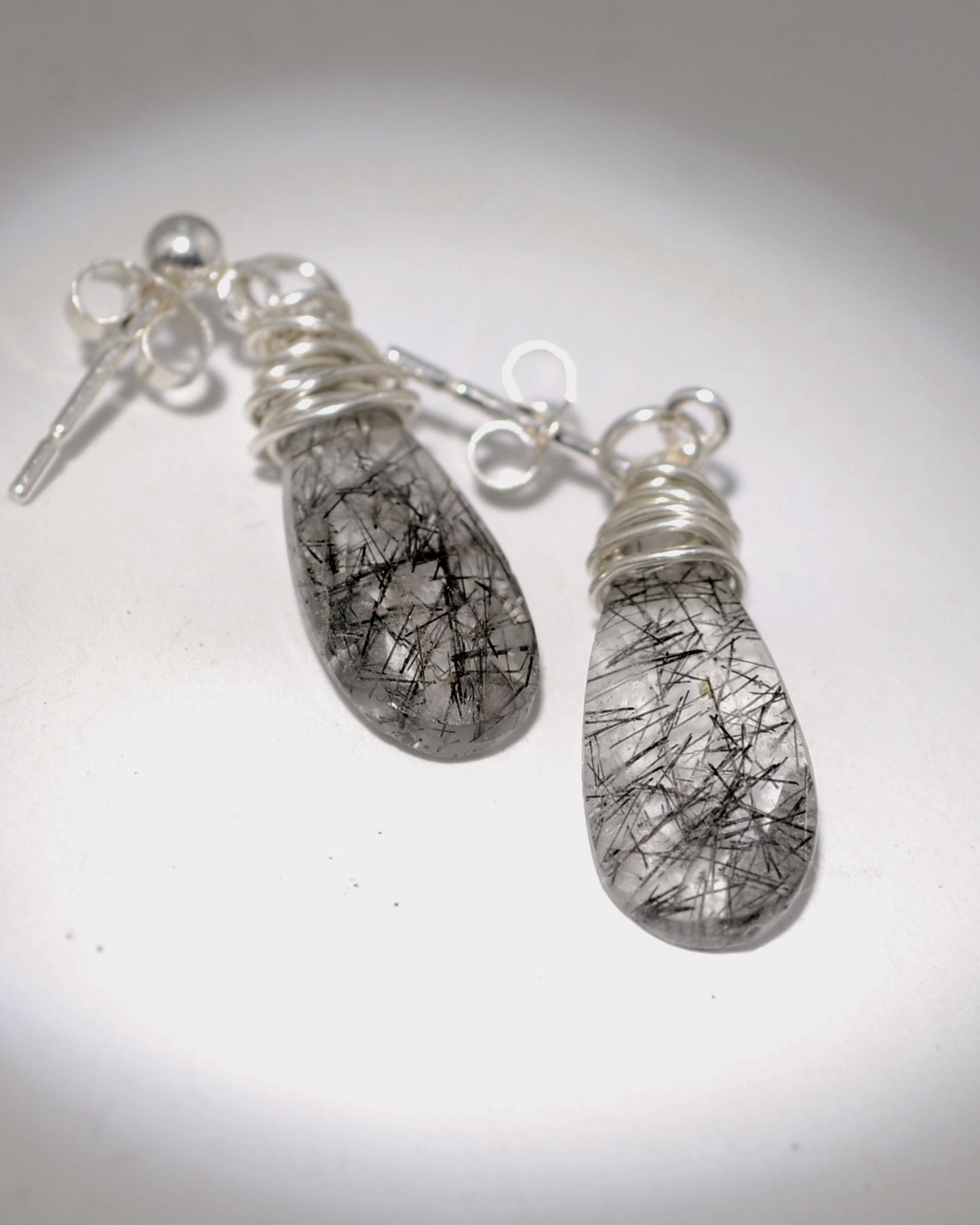 Dainty teardrop earrings, silver dangling stud earrings,  silver wire wrapped crystal quartz