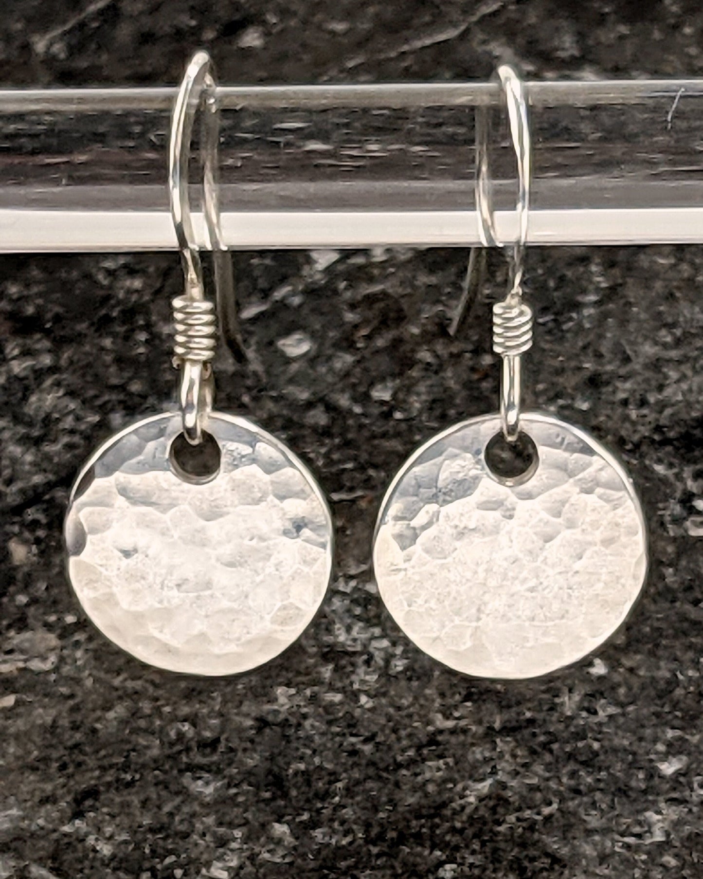 Rustic sterling silver disc earrings, minimalist dangling silver earrings, elegant gift for a lady