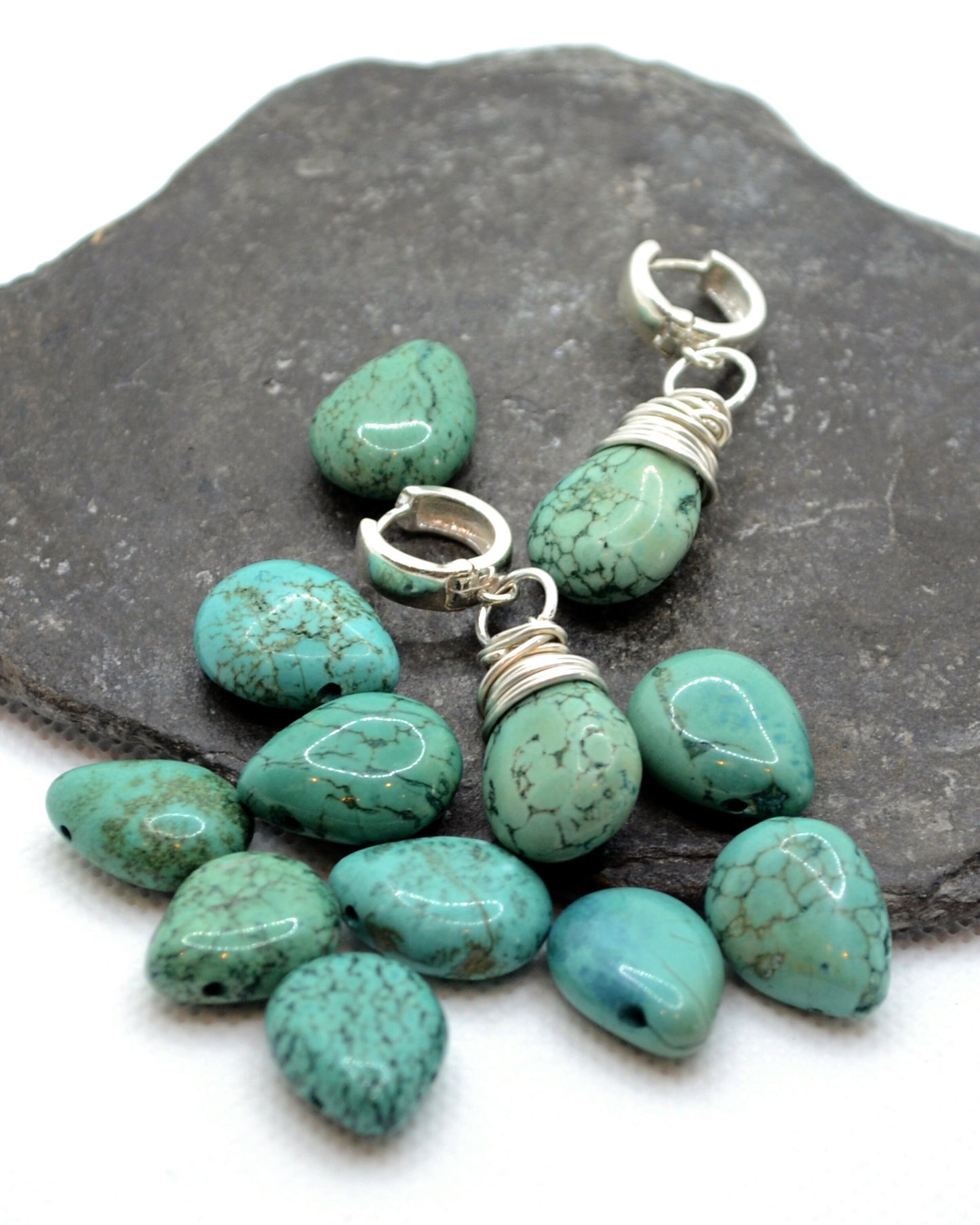 Sterling silver wire wrapped turquoise howlite earrings, boho earrings