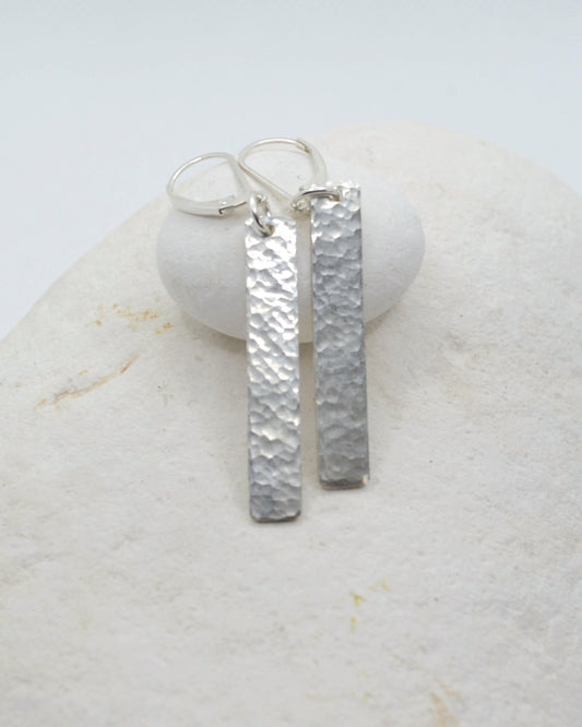 Simple and elegant rectangular hammered silver dangling earrings, sterling silver earrings
