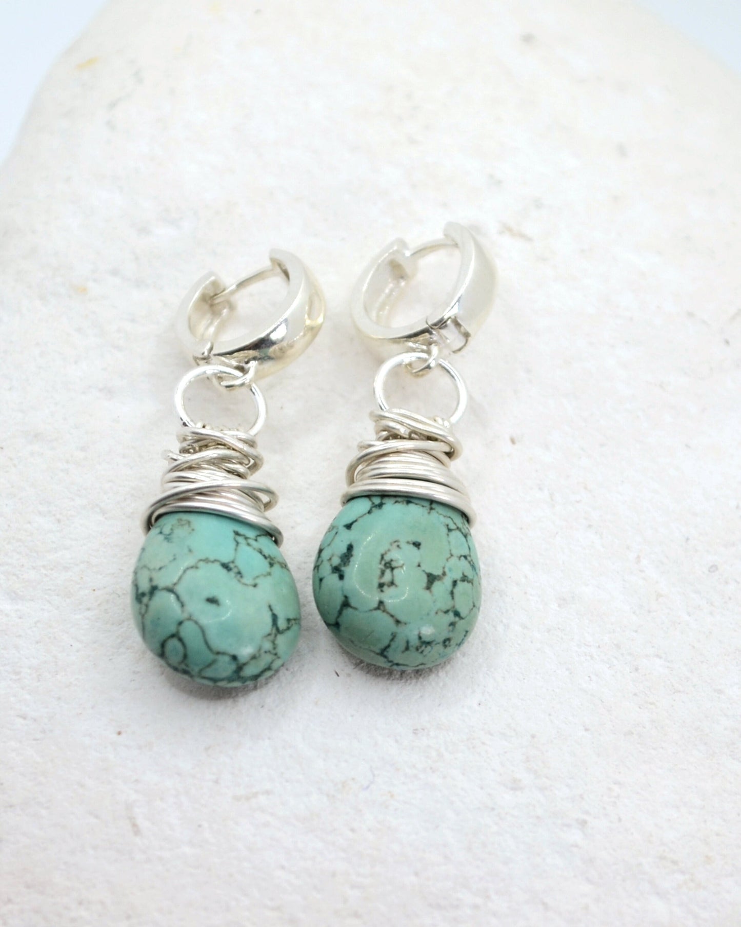 Sterling silver wire wrapped turquoise howlite earrings, boho earrings