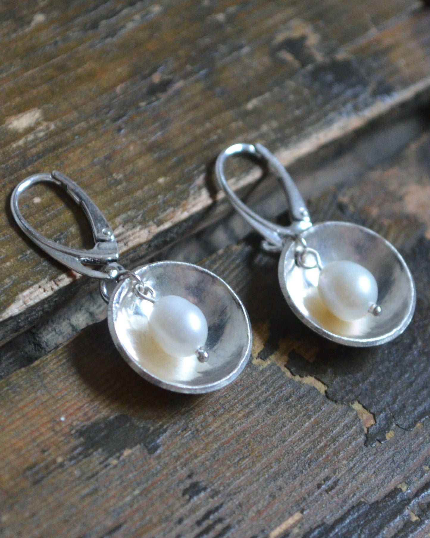 Sterling silver and pearl rustic earrings, romantic gift, wedding present