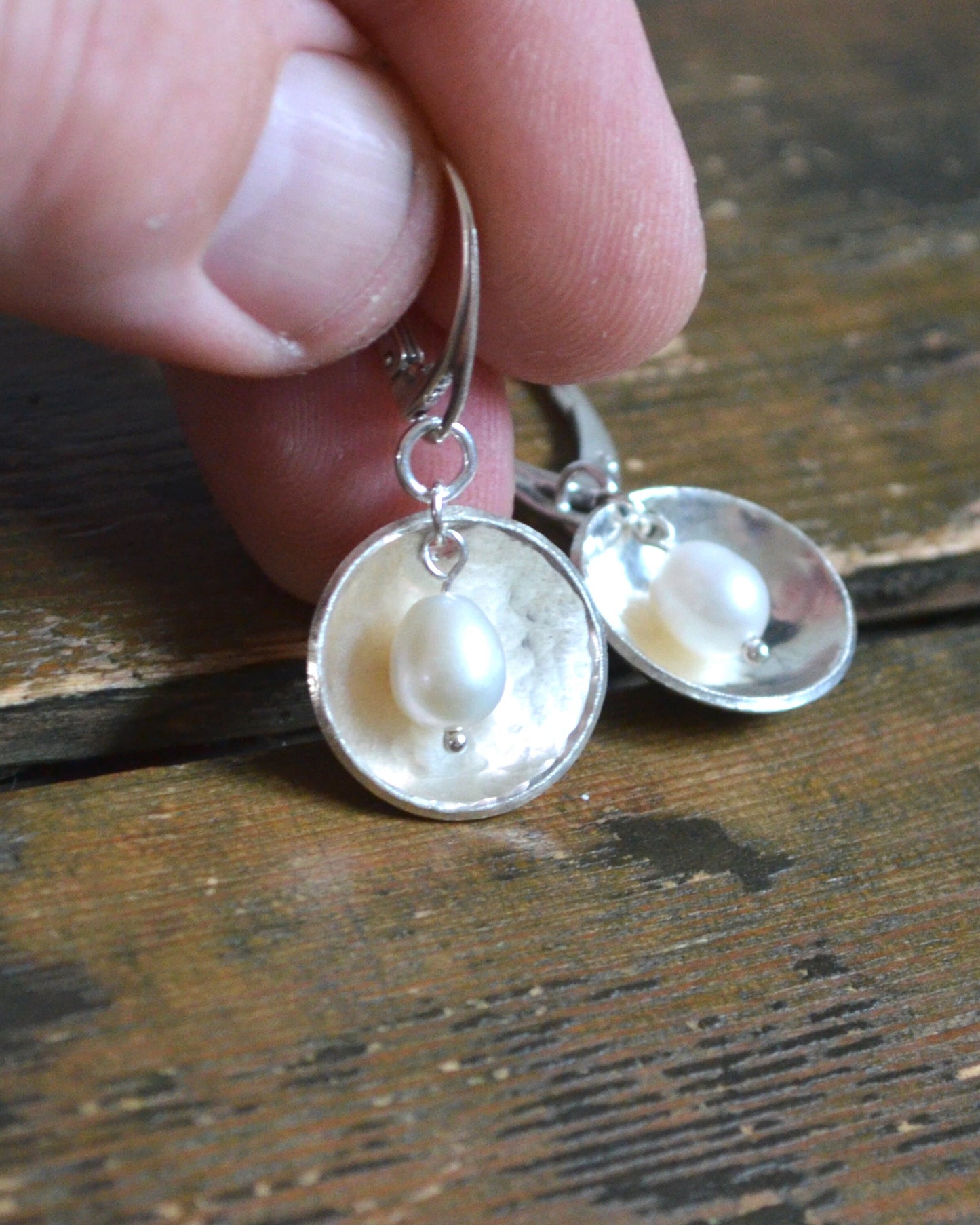 Sterling silver and pearl rustic earrings, romantic gift, wedding present