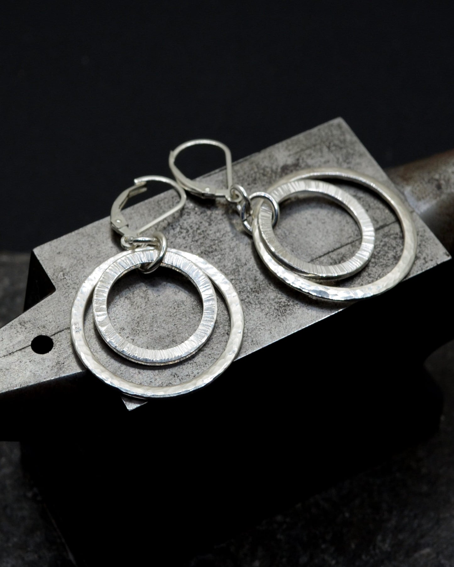 Rustic sterling silver textured hoops, rustic dangling earrings, elegant gift for a lady