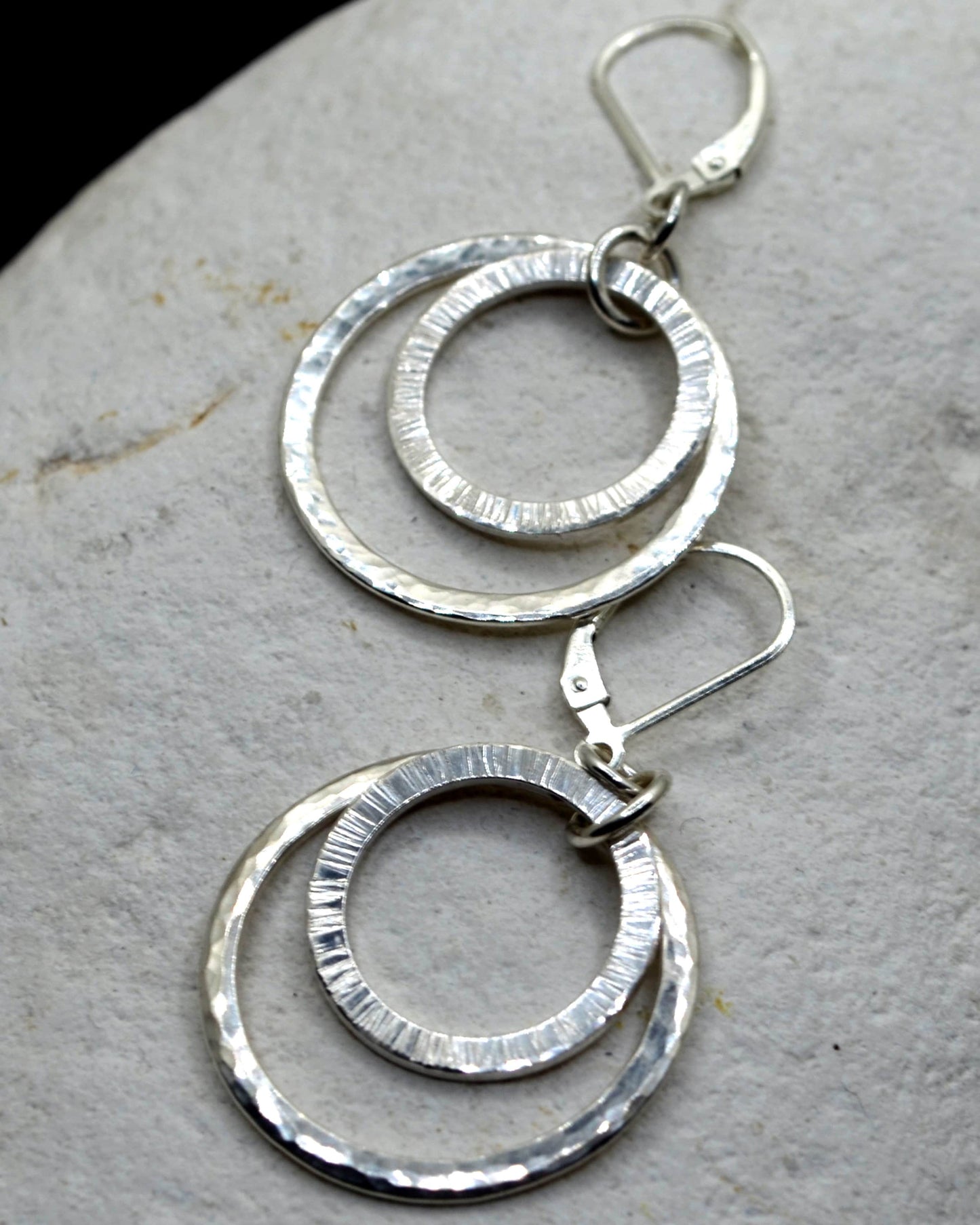 Rustic sterling silver textured hoops, rustic dangling earrings, elegant gift for a lady