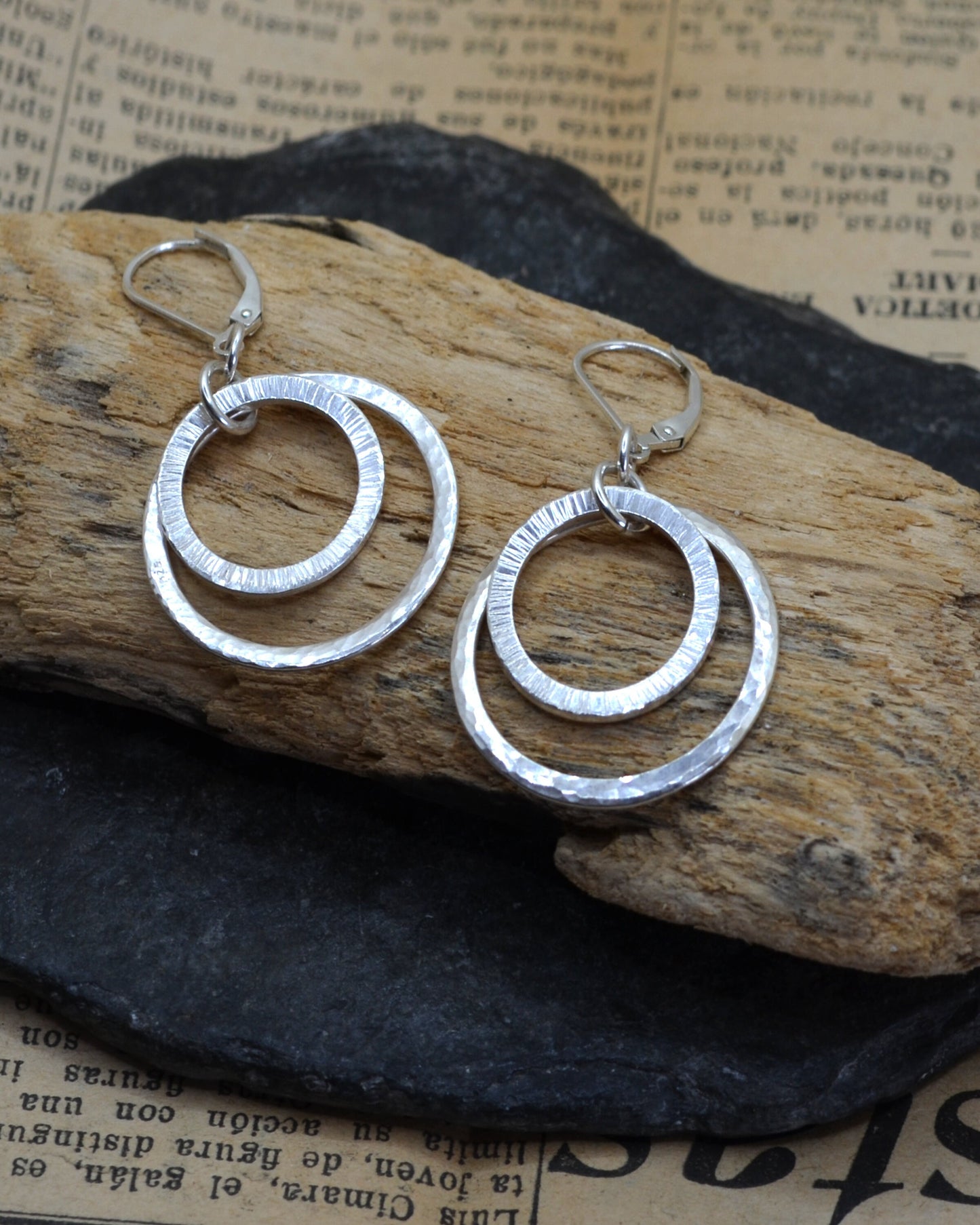 Rustic sterling silver textured hoops, rustic dangling earrings, elegant gift for a lady
