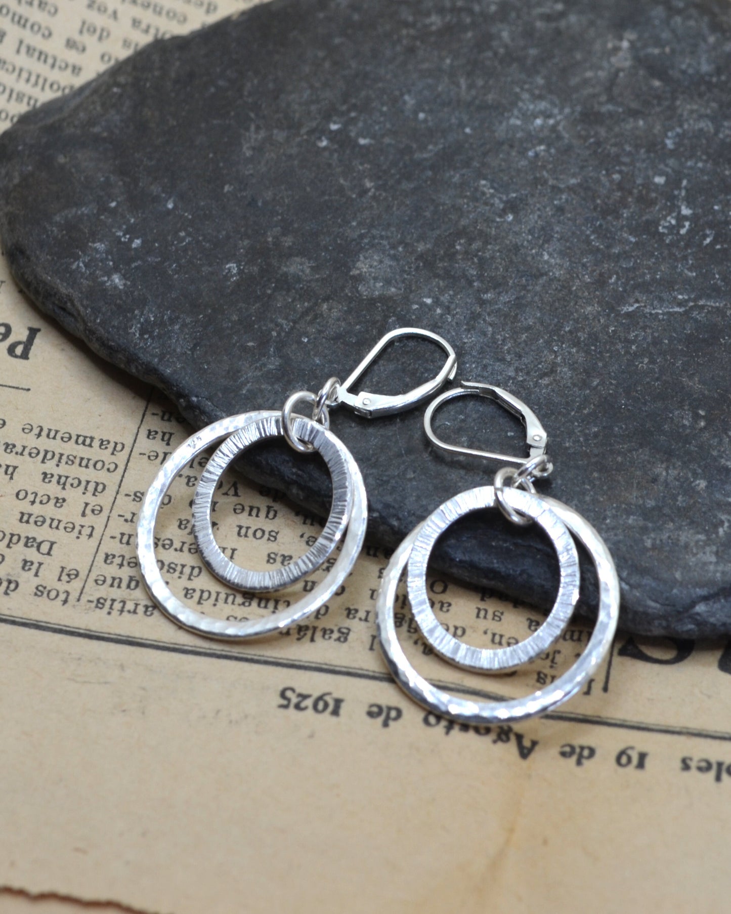Rustic sterling silver textured hoops, rustic dangling earrings, elegant gift for a lady