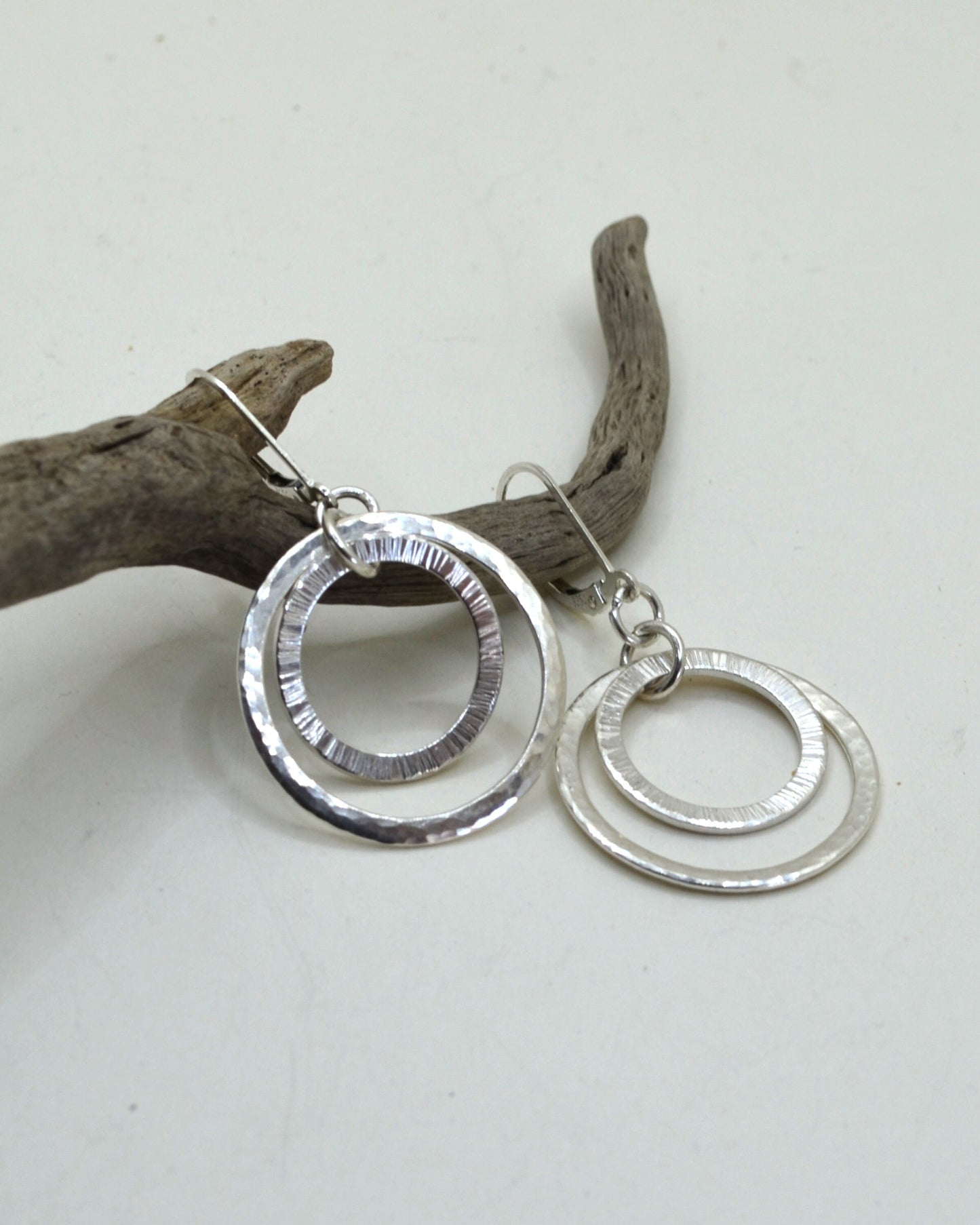 Rustic sterling silver textured hoops, rustic dangling earrings, elegant gift for a lady