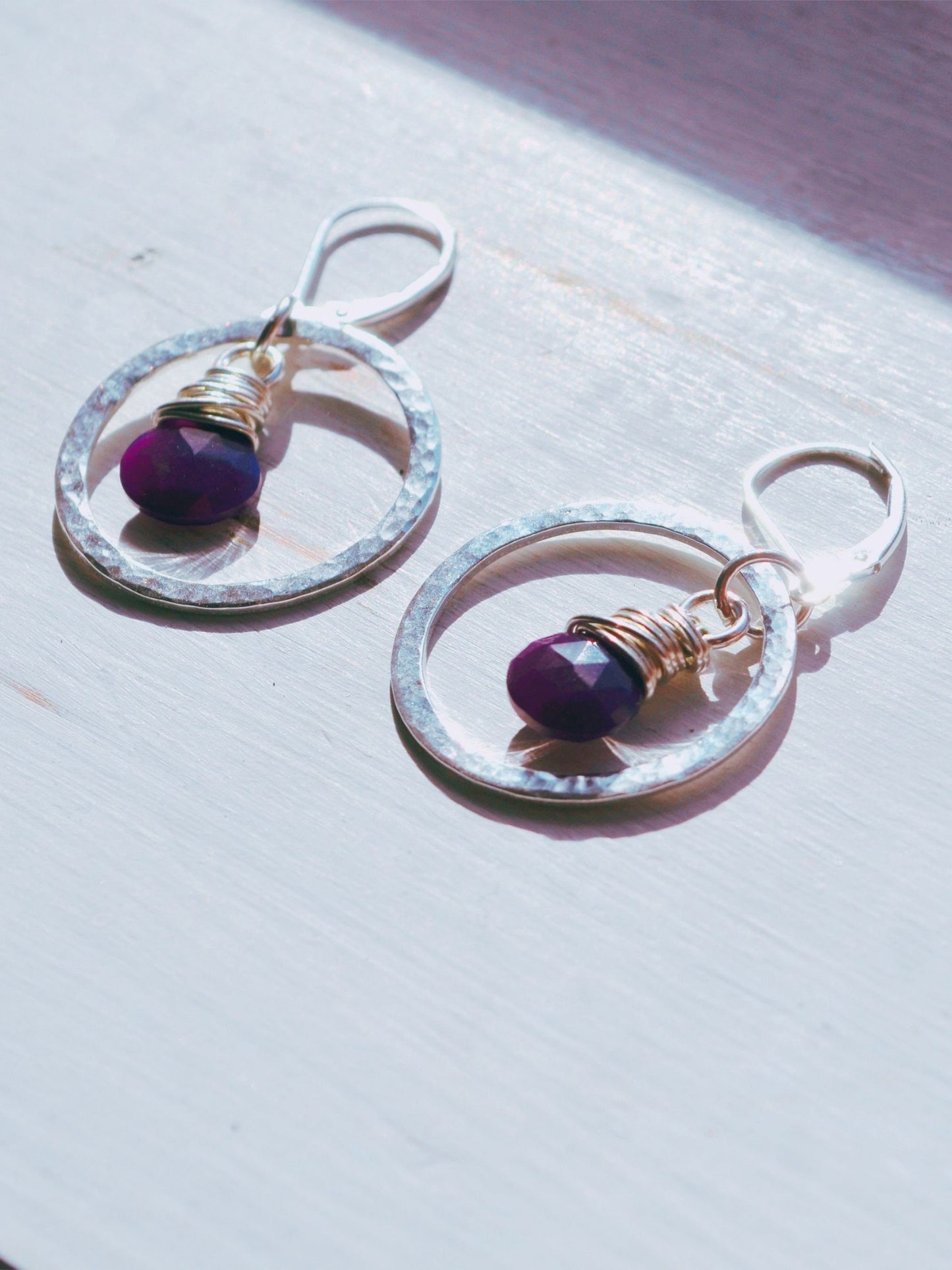 Sterling silver hoop earrings with purple stone, elegant gift for her