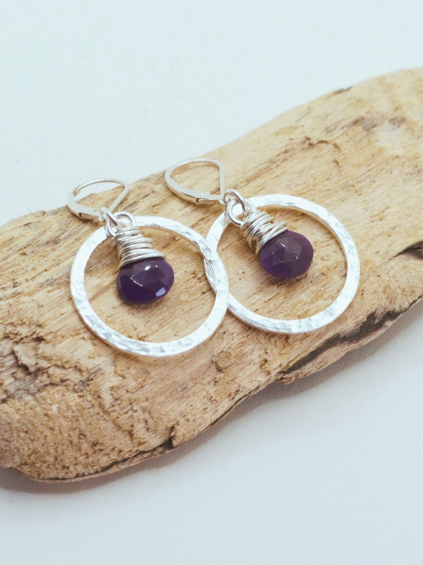 Sterling silver hoop earrings with purple stone, elegant gift for her