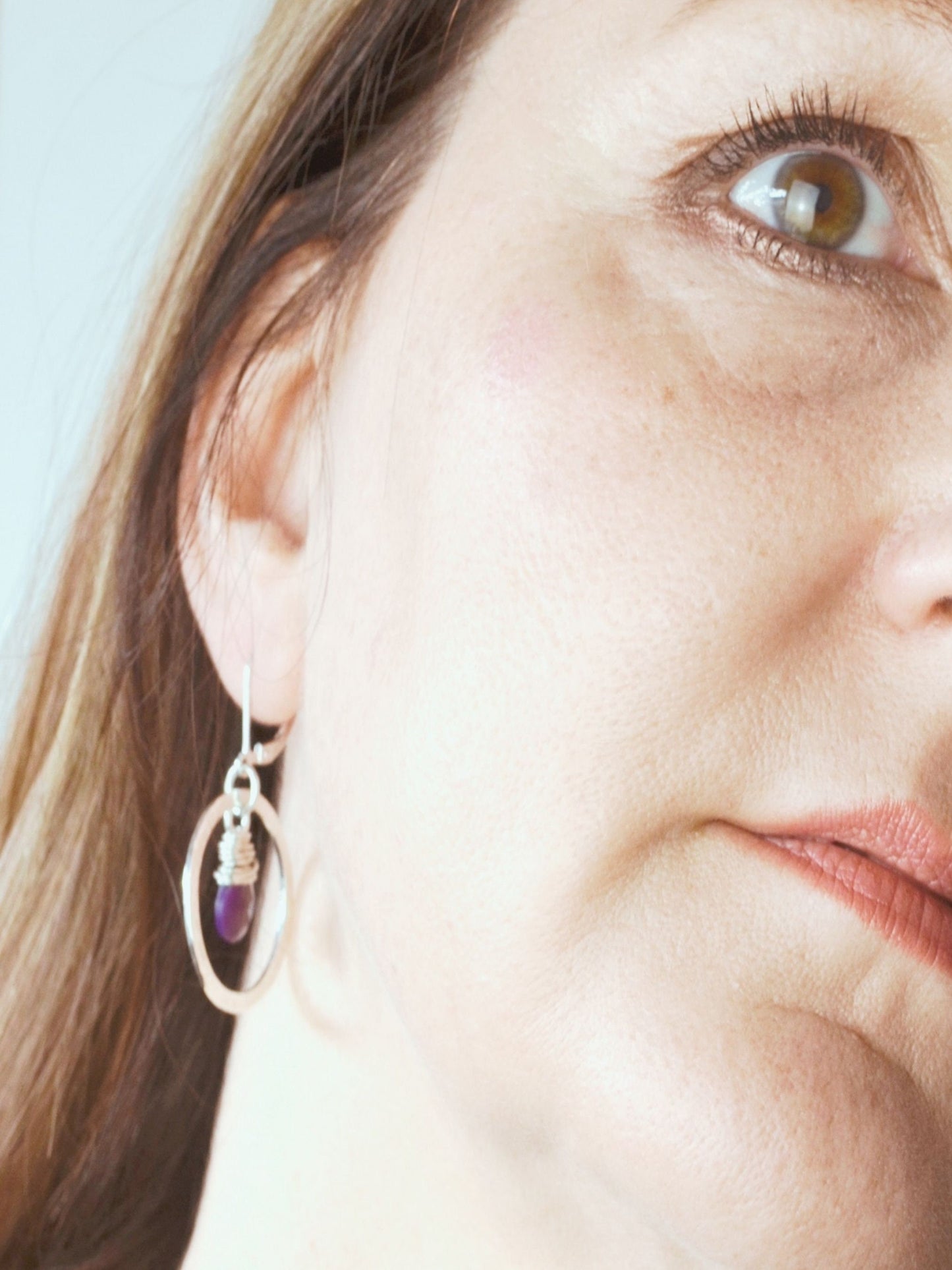 Sterling silver hoop earrings with purple stone, elegant gift for her