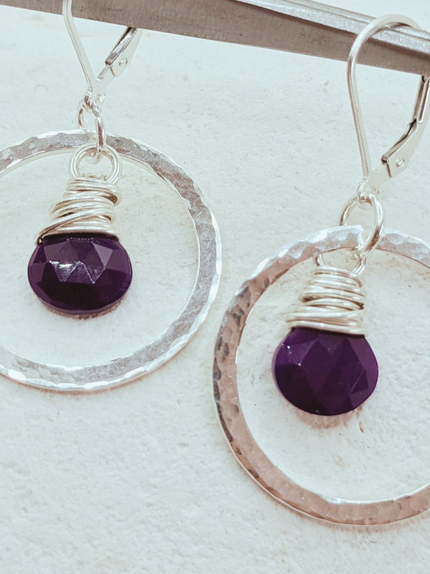 Sterling silver hoop earrings with purple stone, elegant gift for her