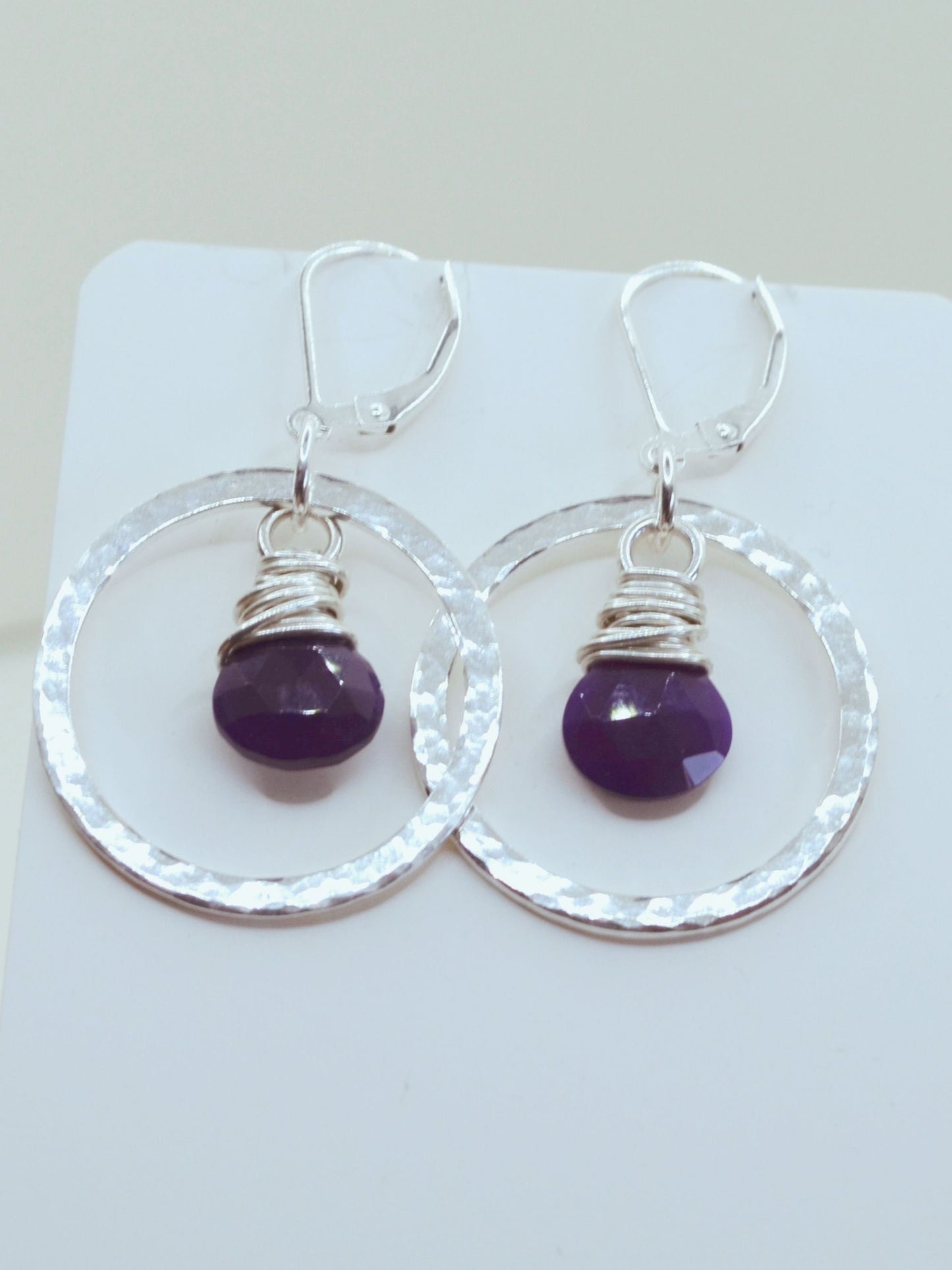 Sterling silver hoop earrings with purple stone, elegant gift for her