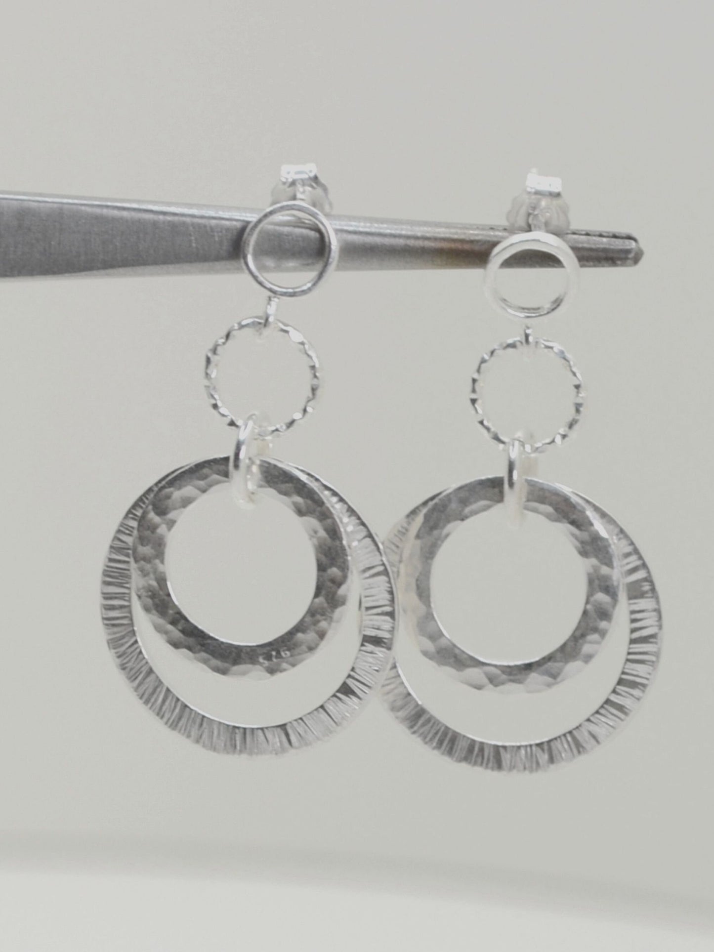 Rustic sterling silver textured hoops, rustic dangling earrings, elegant gift for a lady