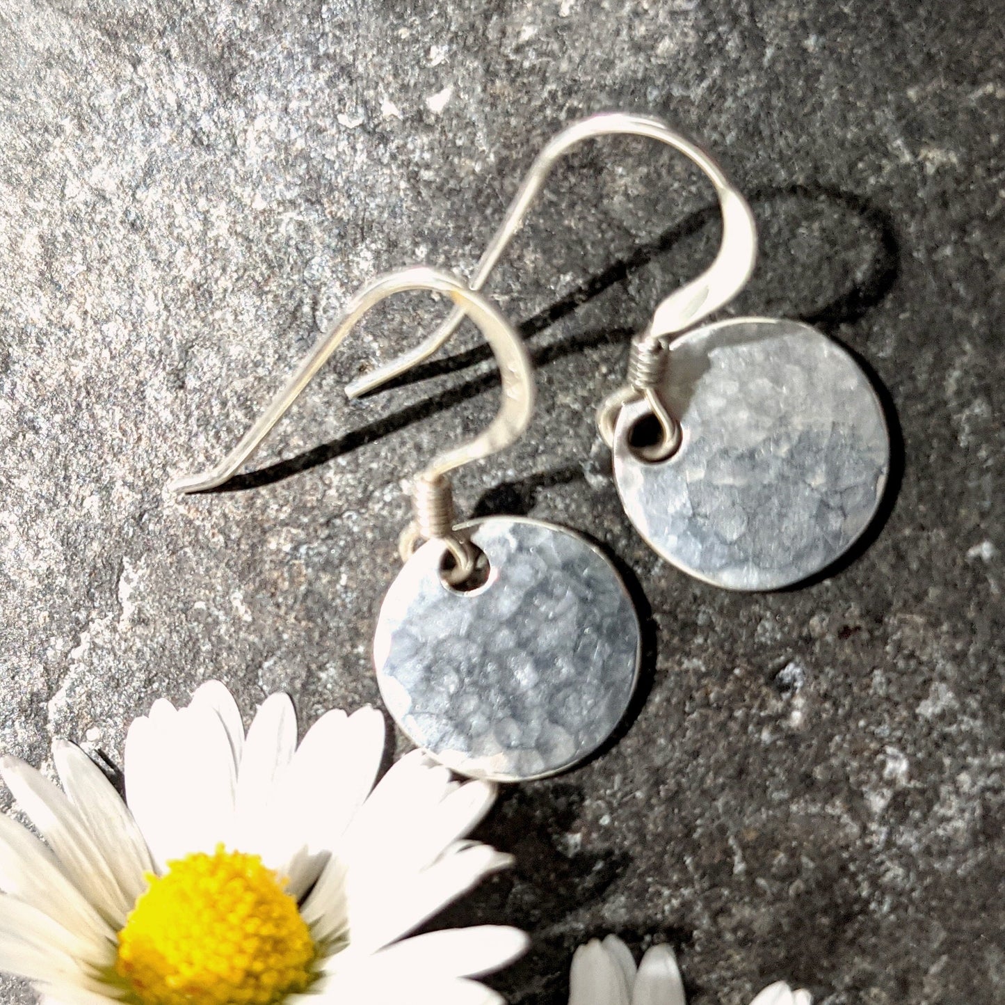Rustic sterling silver disc earrings, minimalist dangling silver earrings, elegant gift for a lady