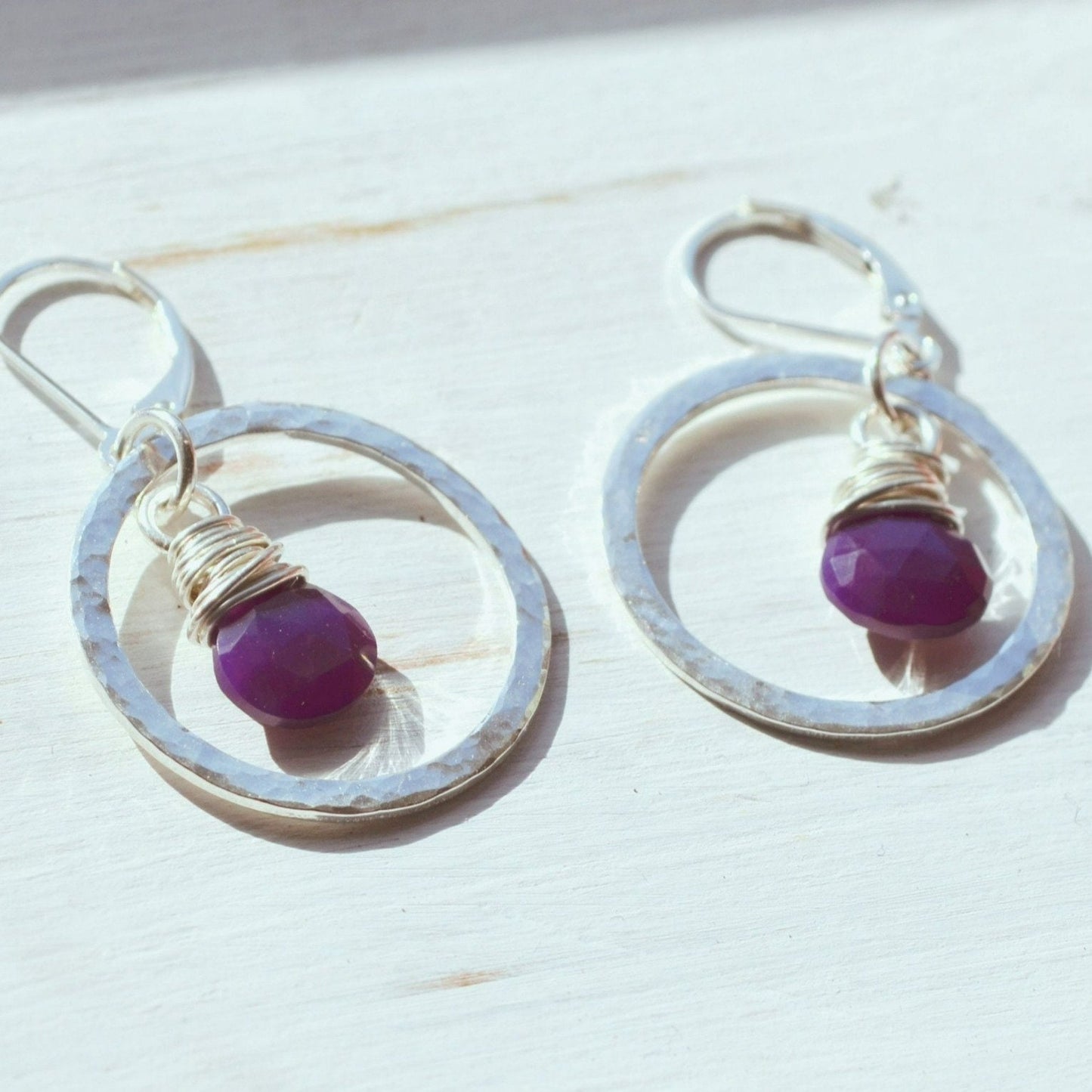 Sterling silver hoop earrings with purple stone, elegant gift for her