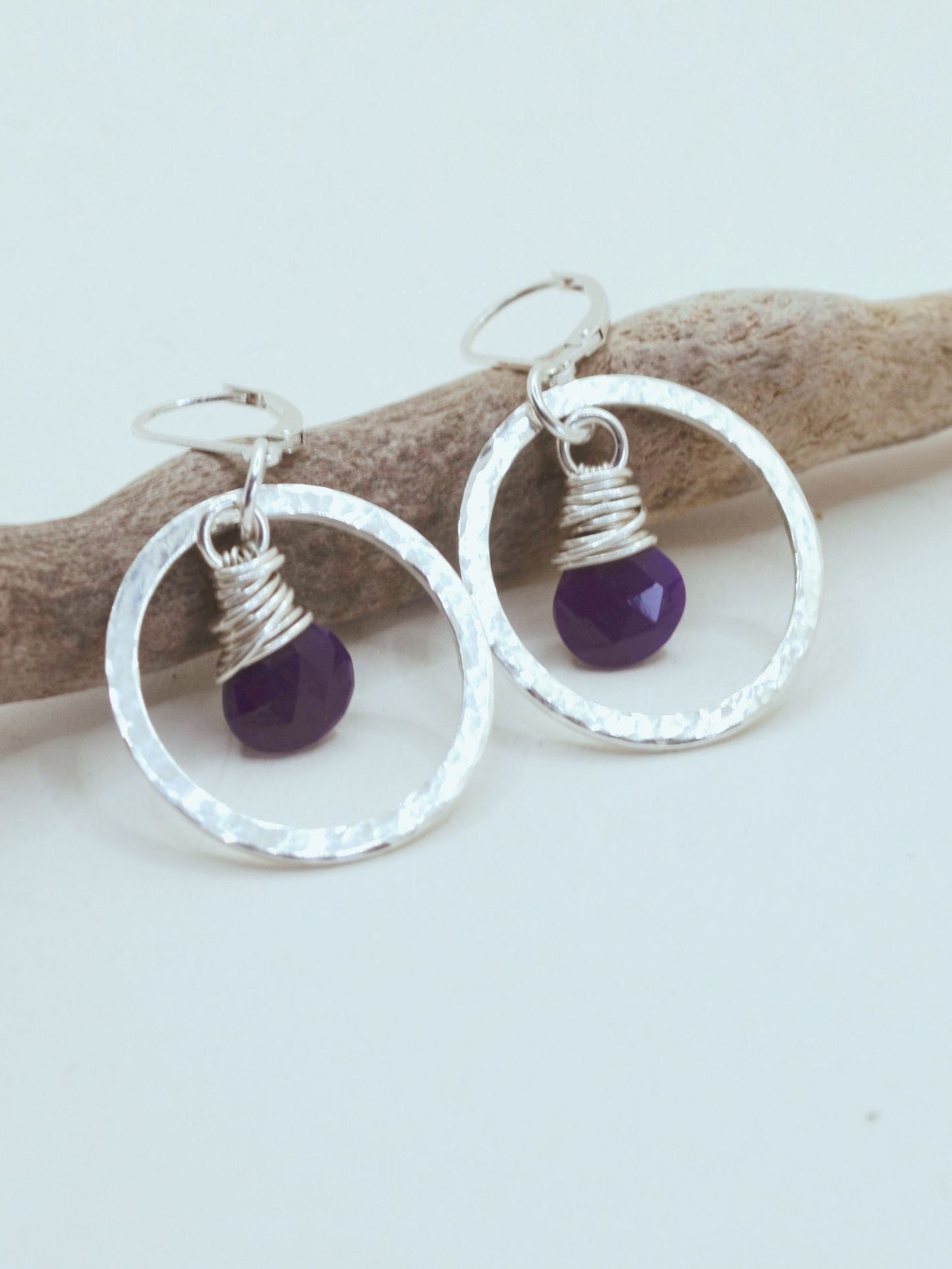 Sterling silver hoop earrings with purple stone, elegant gift for her