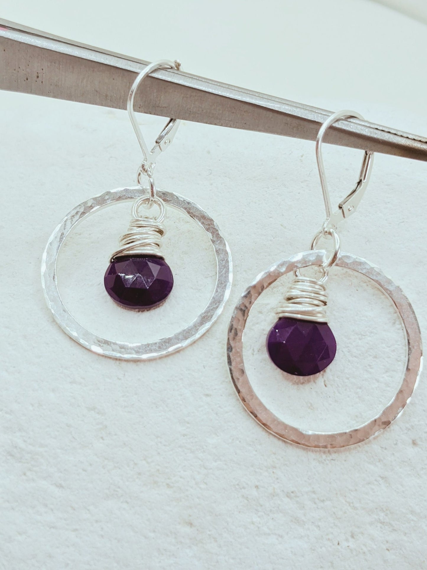Sterling silver hoop earrings with purple stone, elegant gift for her