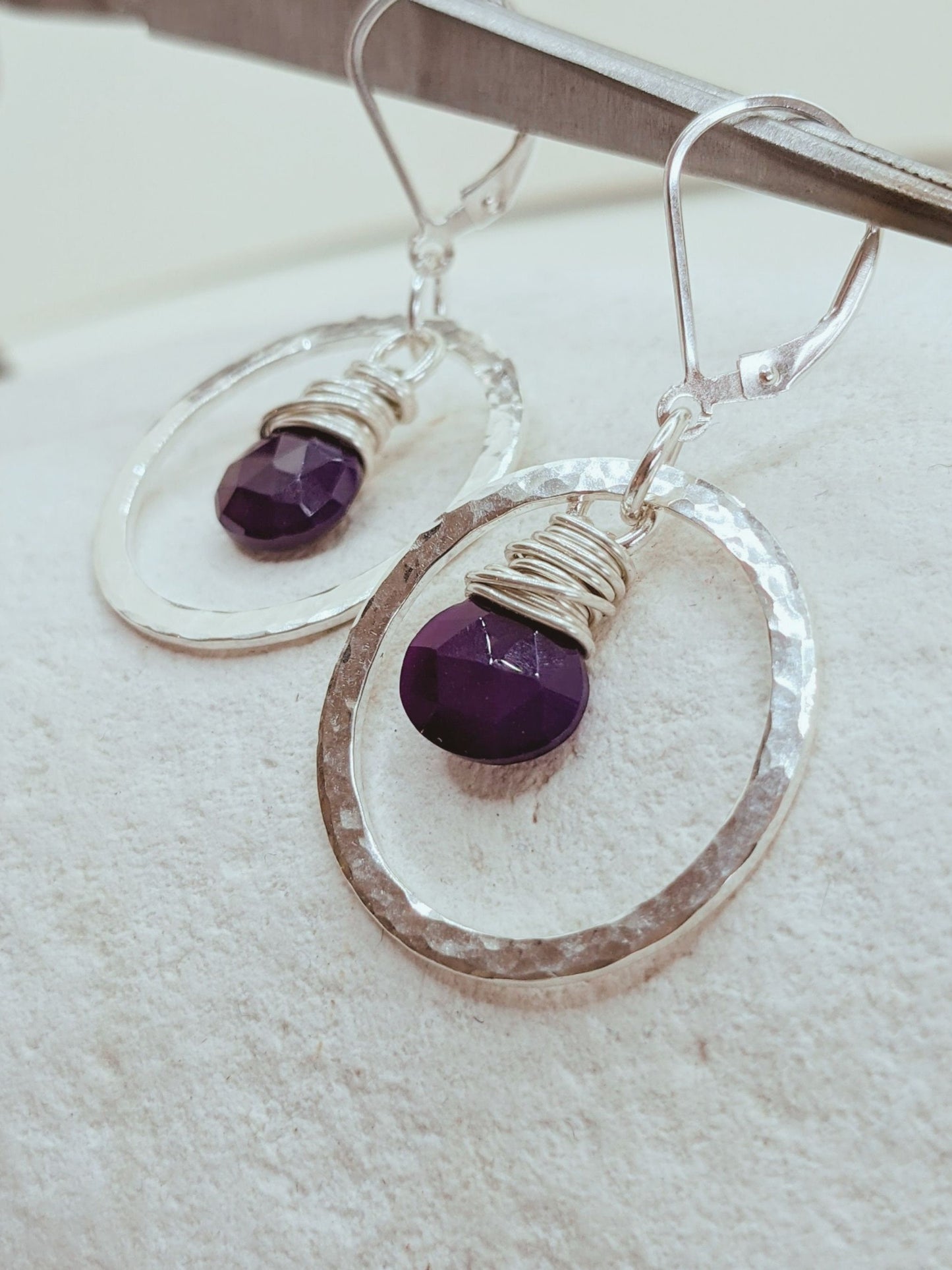 Sterling silver hoop earrings with purple stone, elegant gift for her