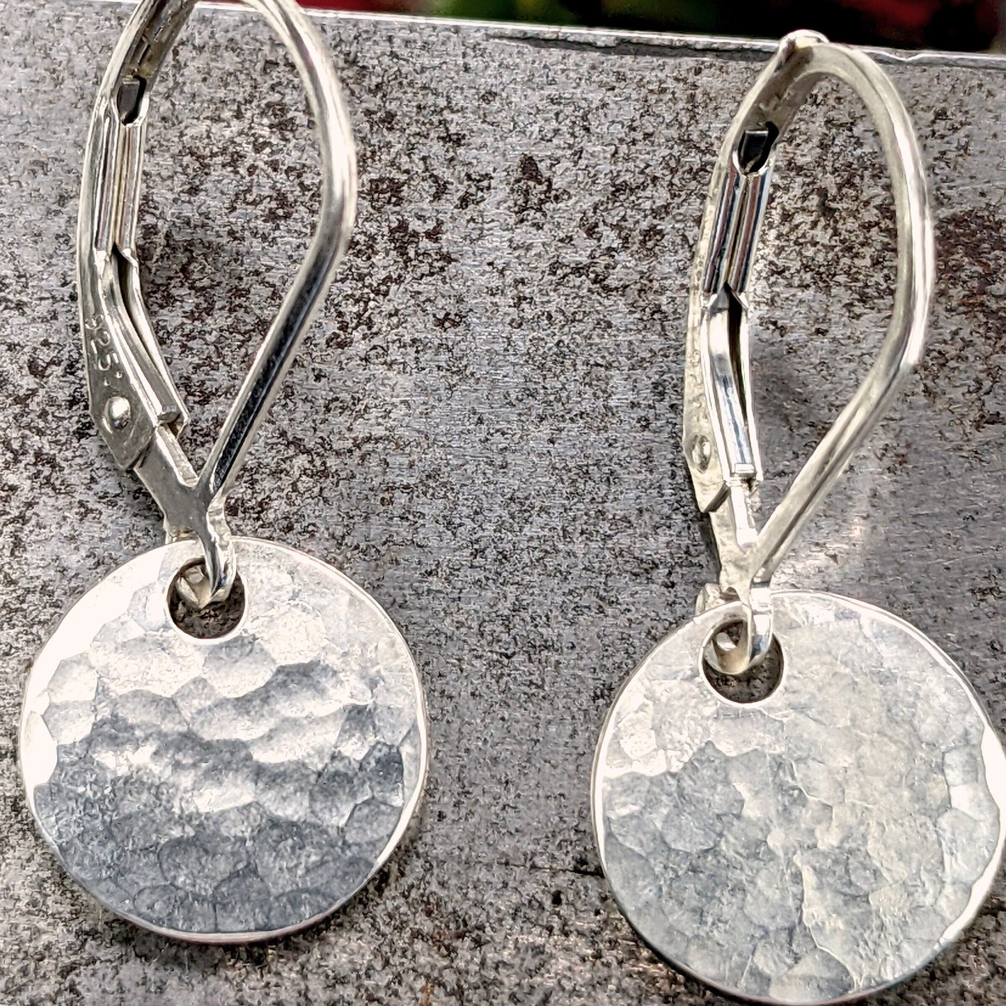 Rustic sterling silver disc earrings, minimalist dangling silver earrings, elegant gift for a lady