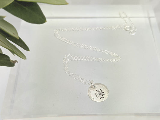 Dainty Dandelion Necklace// hand stamped dandelion charm, make a wish necklace, move on gift, rebirth gift
