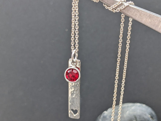 July birthstone necklace, Swarovski Birthstone Ruby, best July birthday gift for her, hammered sterling silver pendant